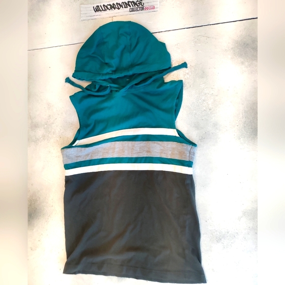 Sleeveless Teal Grey White Hoodie striped size small - Picture 6 of 6